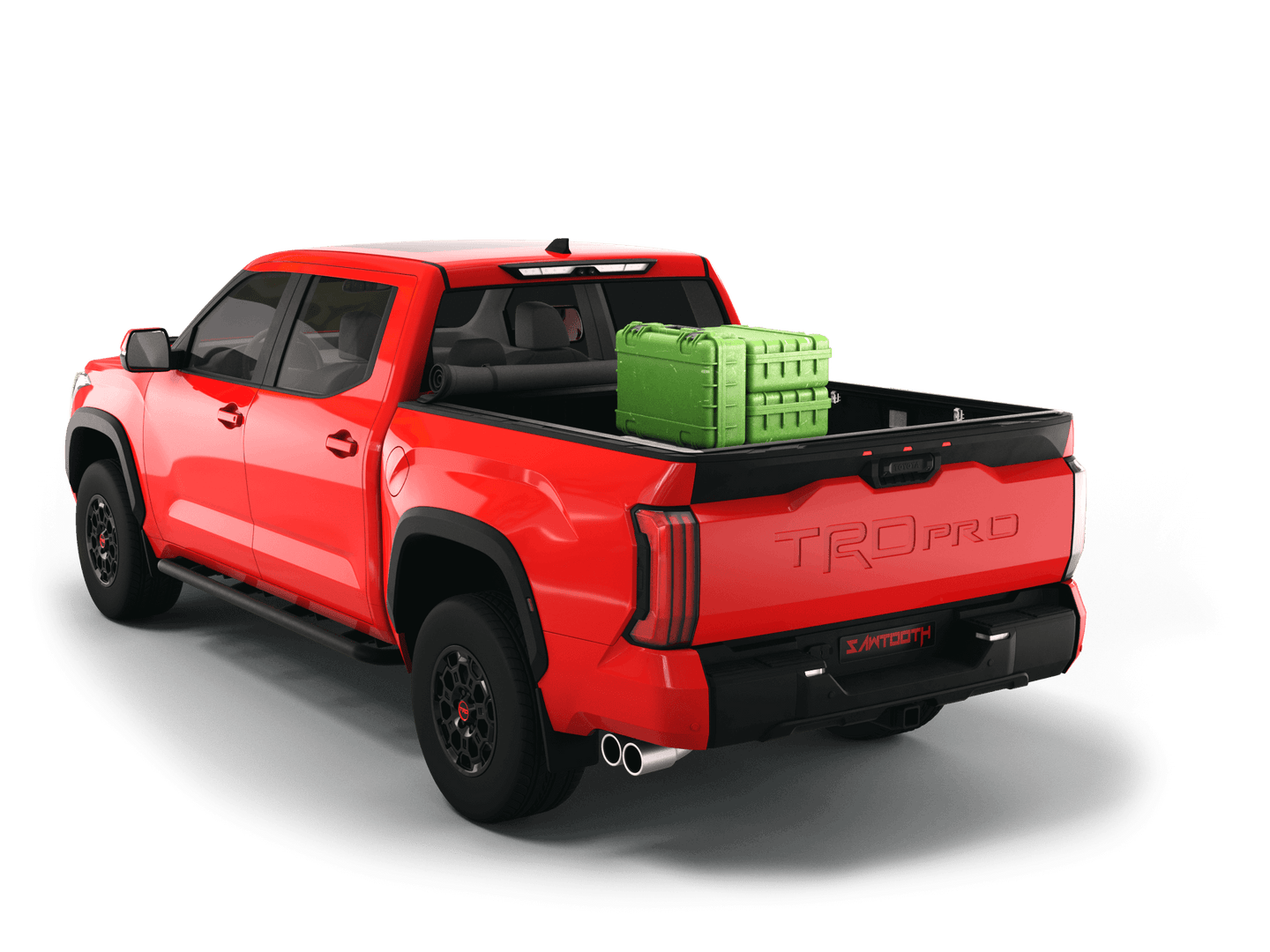 Red Toyota Tundra with gear in the truck bed and the Sawtooth Stretch tonneau cover rolled up at cab